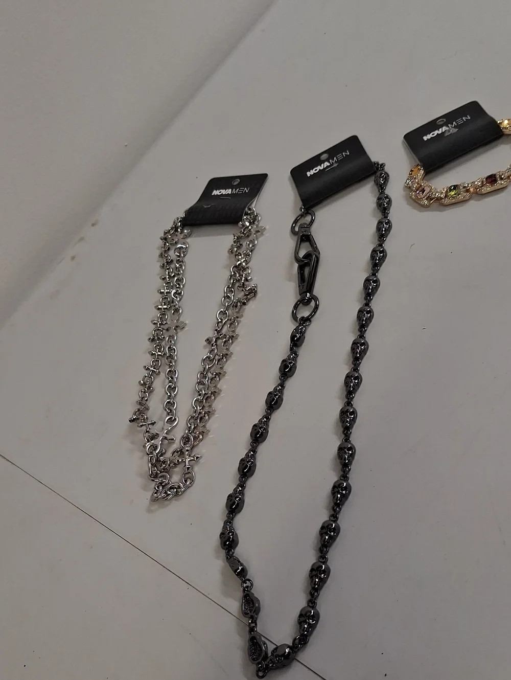 NWT NOVA MEN Silver and Black Skull Multi-Chain Necklaces & Iced Gemstone Bracel